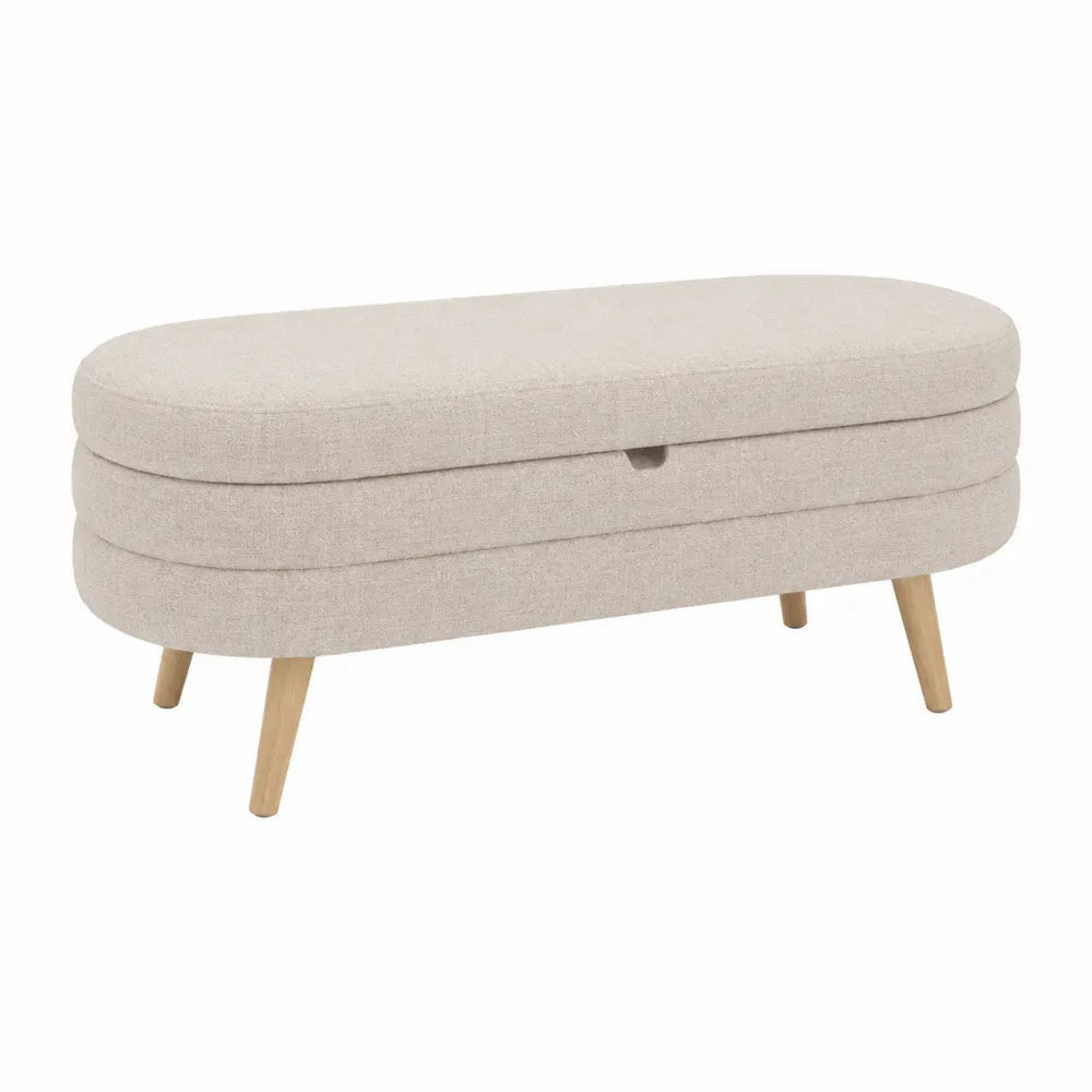 Panca in tessuto beige con contenitore e gambe in legno di faggio