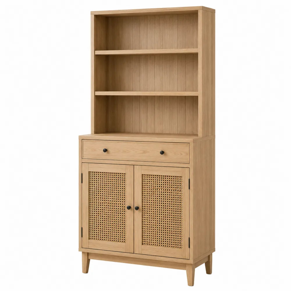 Credenza Alta in Legno e Rattan Naturale