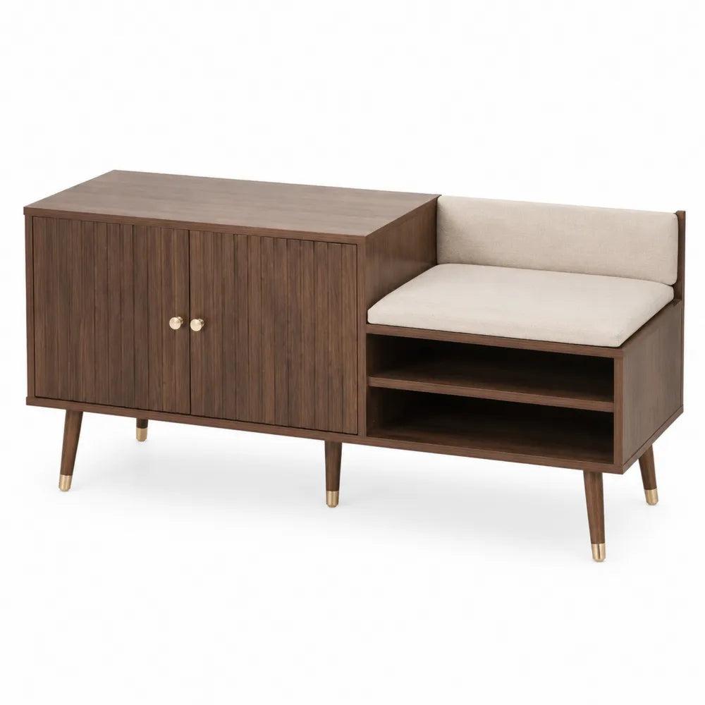 Panca in legno marrone con scaffali e seduta imbottita in lino beige