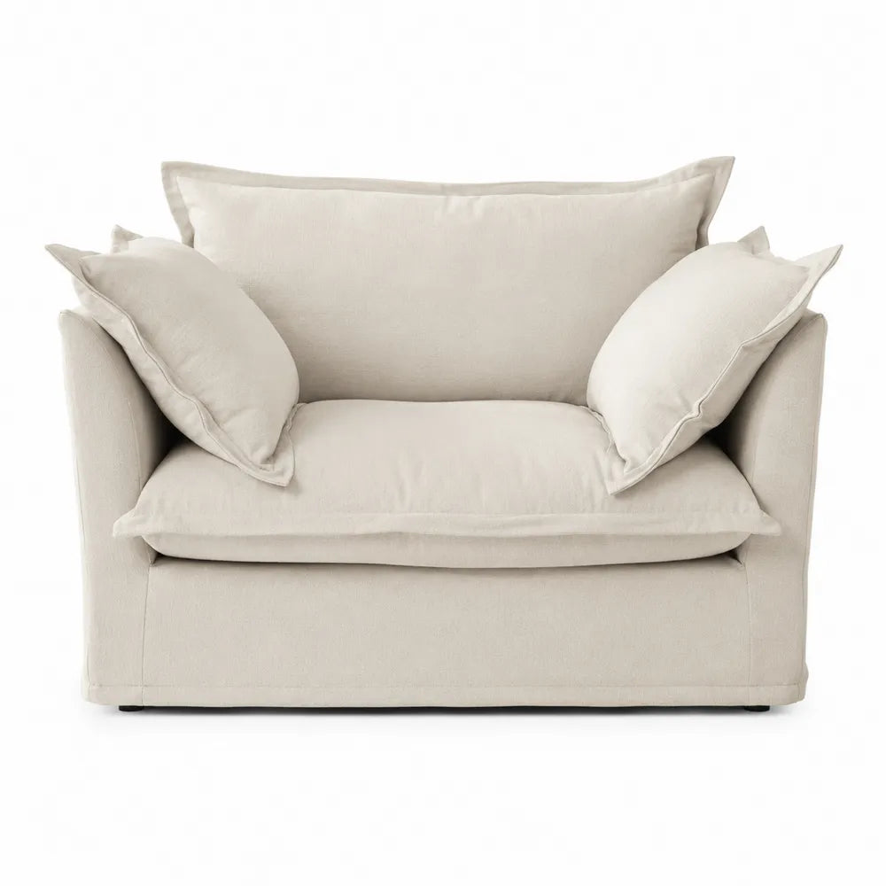 Divano Loveseat in legno e tessuto beige con cuscini rimovibili