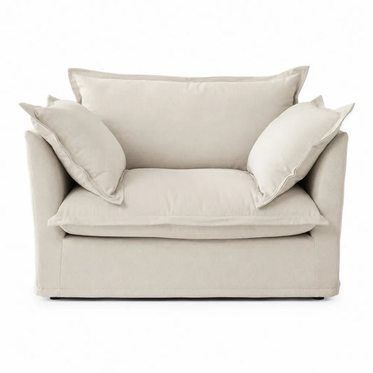 Divano Loveseat in legno e tessuto beige con cuscini rimovibili
