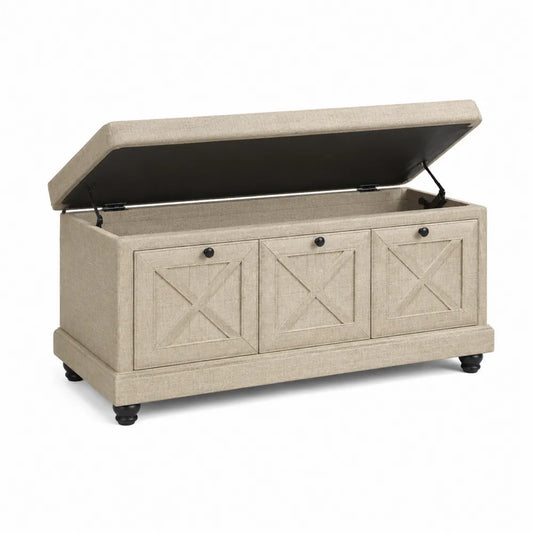 Panca contenitore in tessuto beige con gambe in legno, 120x45x50 cm