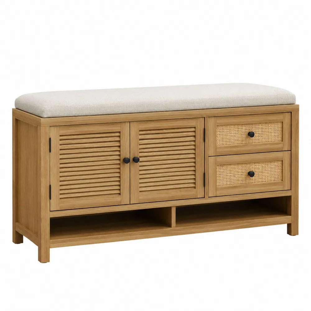 Panca in legno di rovere con cuscino e cassetti in rattan