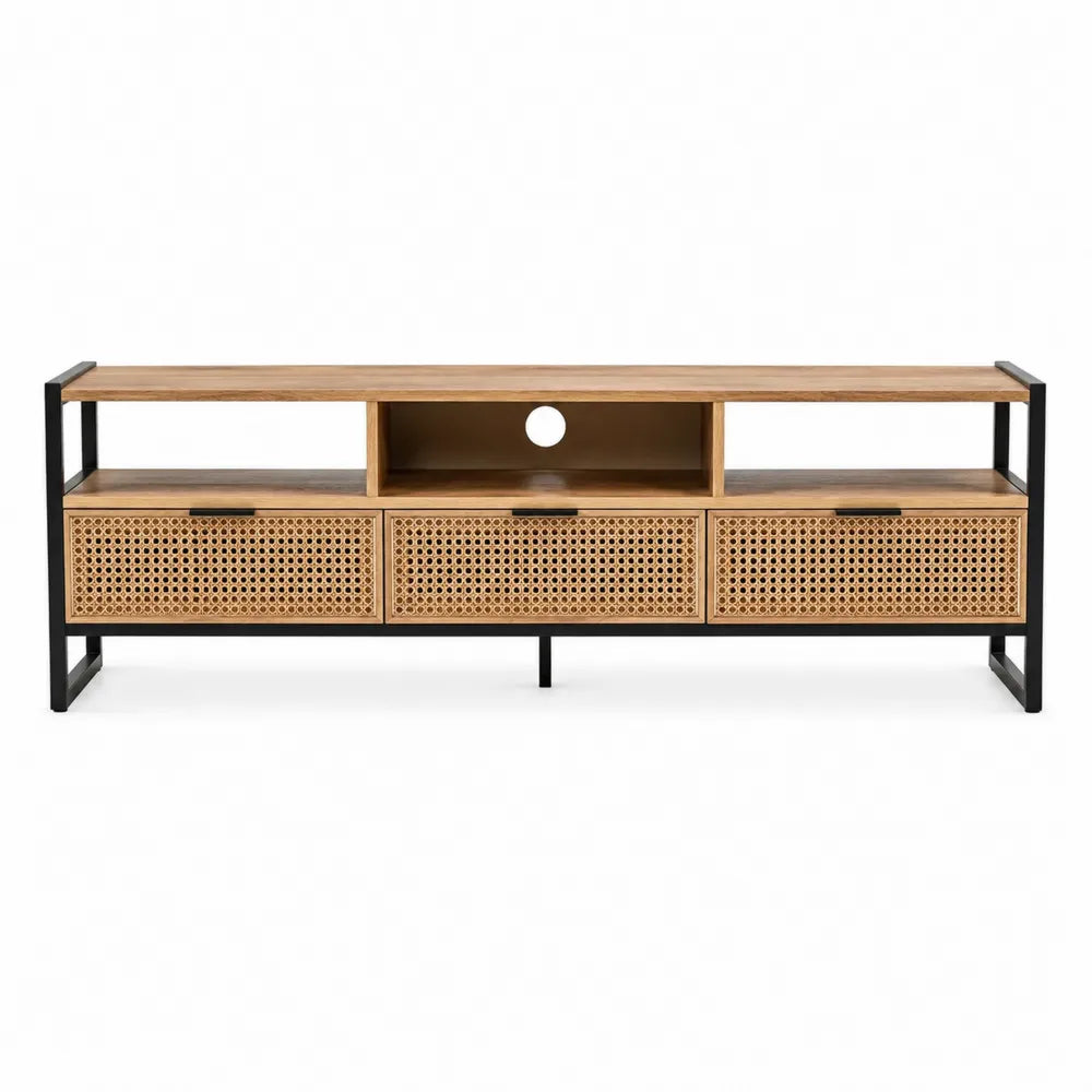 Mobile TV in legno e metallo con frontale in rattan intrecciato, 150x40x50 cm