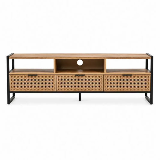 Mobile TV in legno e metallo con frontale in rattan intrecciato, 150x40x50 cm