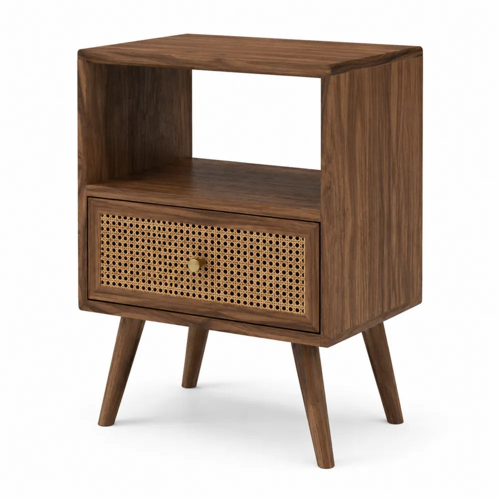 Comodino in legno di noce con cassetto in rattan