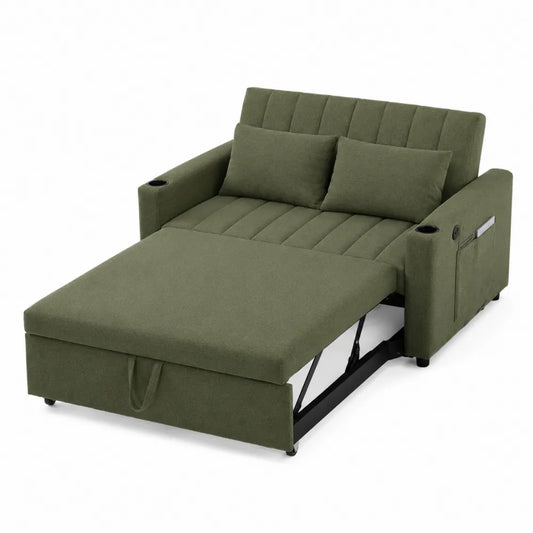 Divano Letto in Tessuto Verde con Porta Bicchieri