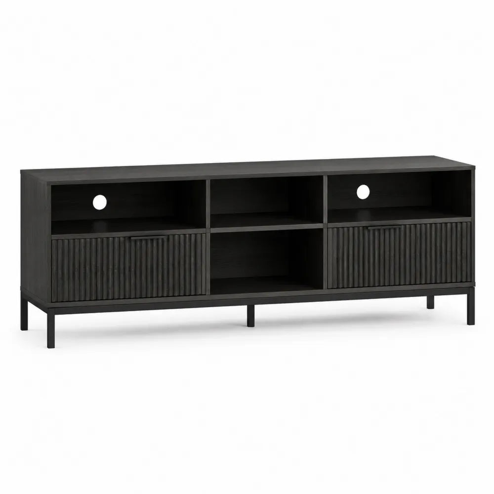 Credenza TV in Legno MDF e Metallo Nero con Ripiani