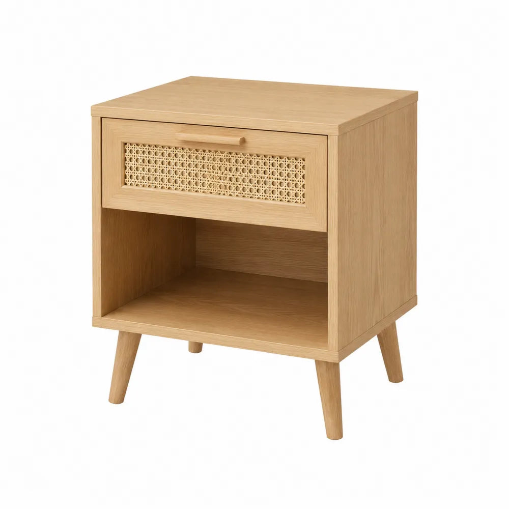 Comodino in Legno di Rovere e Rattan 45x35x60 cm